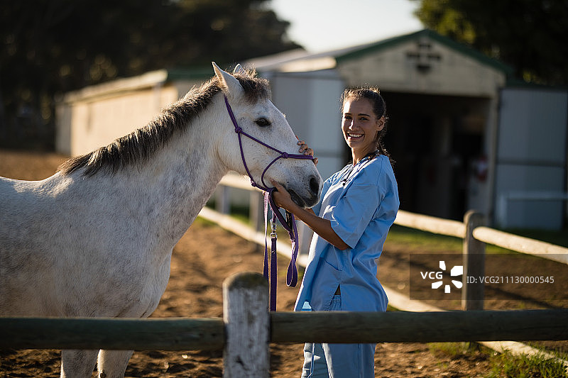肖像快乐的兽医抚摸马而站在围场图片素材