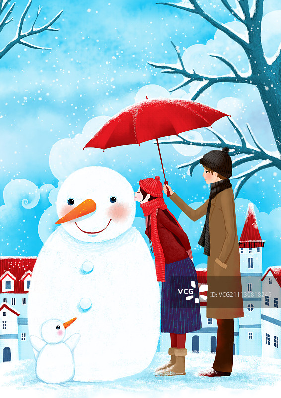 博览唯美插画系列-吻雪人打着伞的女孩图片素材