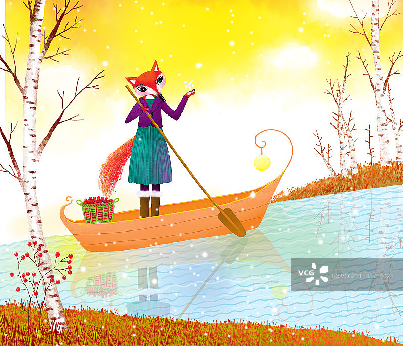 阅读满分唯美插画系列-划船的狐狸图片素材