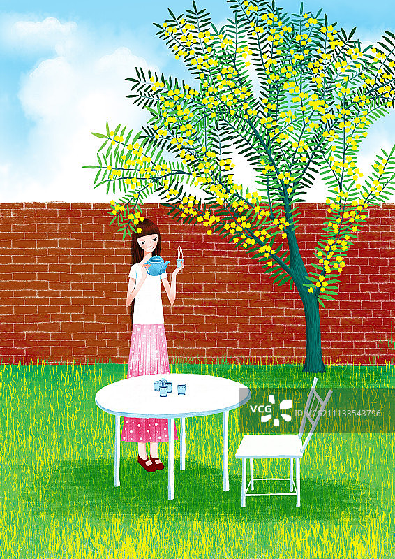 哲理女孩系列插画-庭院倒茶的女孩图片素材