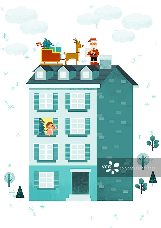屋顶上的圣诞老人，平面设计插图图片素材