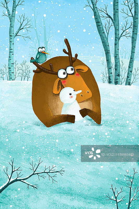 动物插画系列作品共3000幅-雪地上的鹿和雪人图片素材