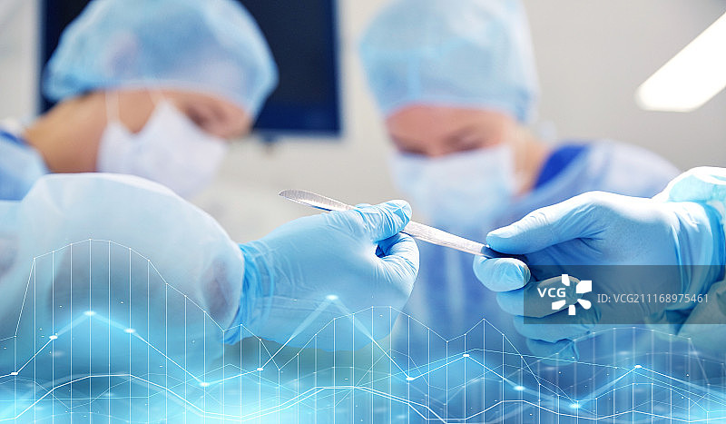 外科，医学和人的概念-外科医生的手与手术刀在手术室手术在医院。手术时用手术刀关闭双手图片素材