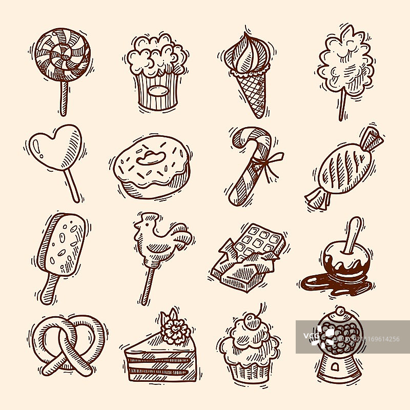 糖果素描图标设置糖果巧克力冰淇淋孤立矢量插图图片素材