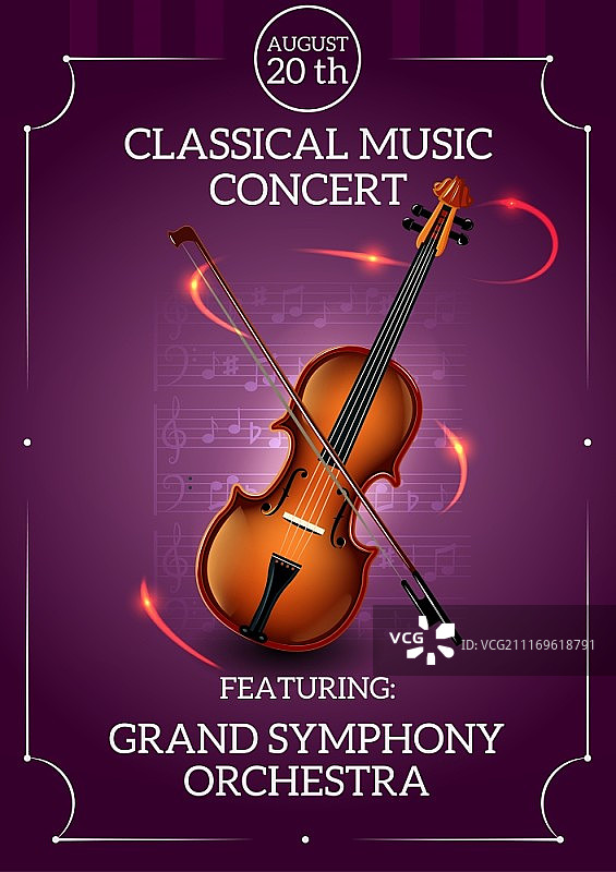古典音乐音乐会海报与小提琴和弓矢量插图。古典音乐海报图片素材