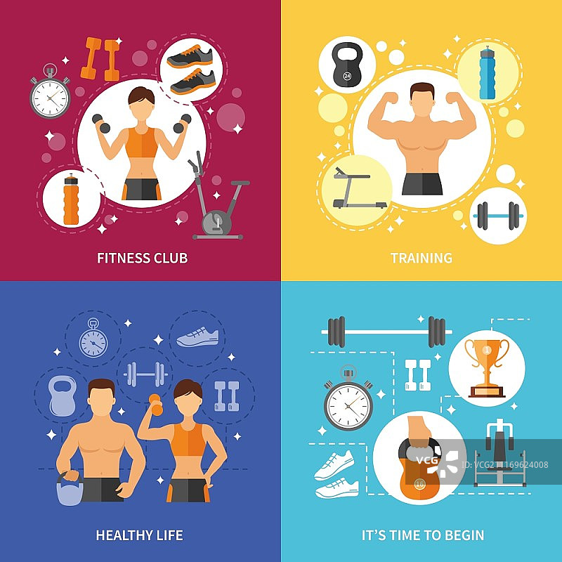 健身俱乐部健康生活理念。健身俱乐部运动训练时间开始健康生活平面色彩概念孤立矢量插画图片素材