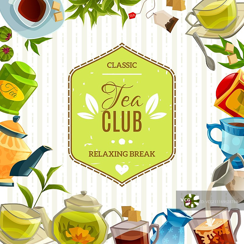 茶俱乐部的海报。复古风格的海报与茶俱乐部的标签在中心和不同的配件，如杯茶壶茶叶在侧面矢量插图图片素材