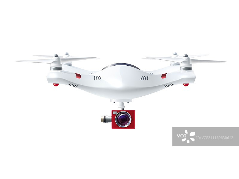 带有红色摄像头的白色无人机。单白色无人机与红色相机摄影或视频监控在现实风格孤立矢量插图图片素材