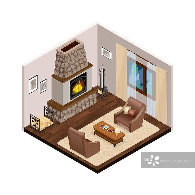 休息室内部等距壁炉。休息室内部与经典的壁炉棕色舒适的家具在木地板窗帘窗户等距矢量插图图片素材
