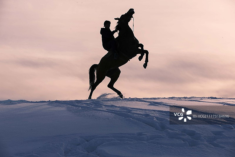 雪地上一个人骑马的剪影图片素材