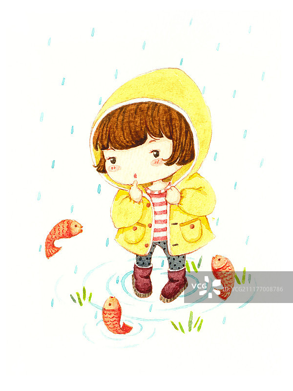 穿雨衣的小女孩插画图片素材
