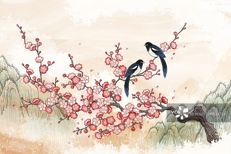 中国水墨风喜鹊与梅花横幅图片素材