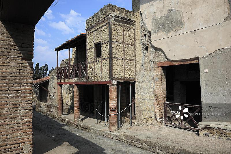 欧洲，意大利，坎帕尼亚，埃尔科拉诺，赫库兰尼姆废墟中的半木结构房屋图片素材