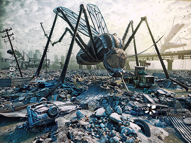 巨大的昆虫摧毁了城市。三维概念图片素材