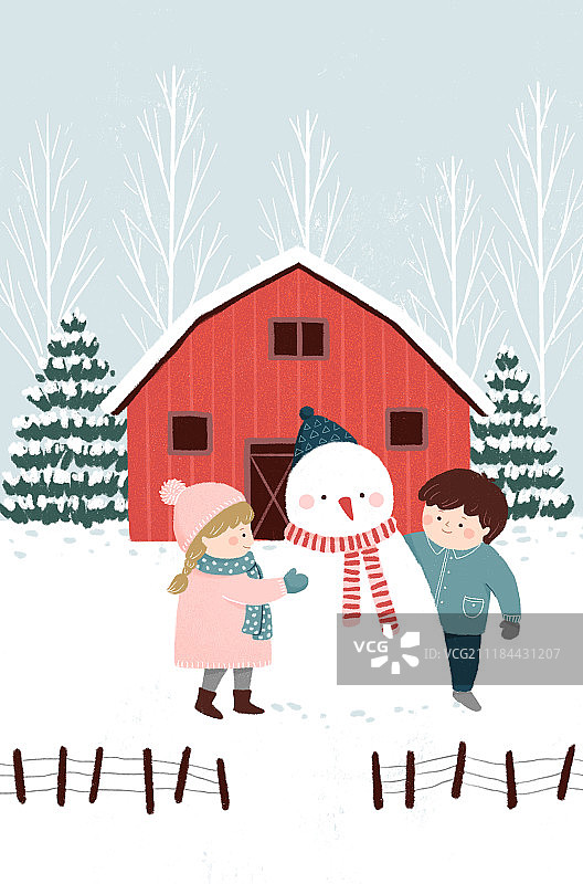冬天堆雪人插画图片素材