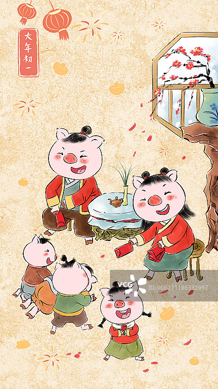 猪年春节年俗系列大年初一拜年图片素材