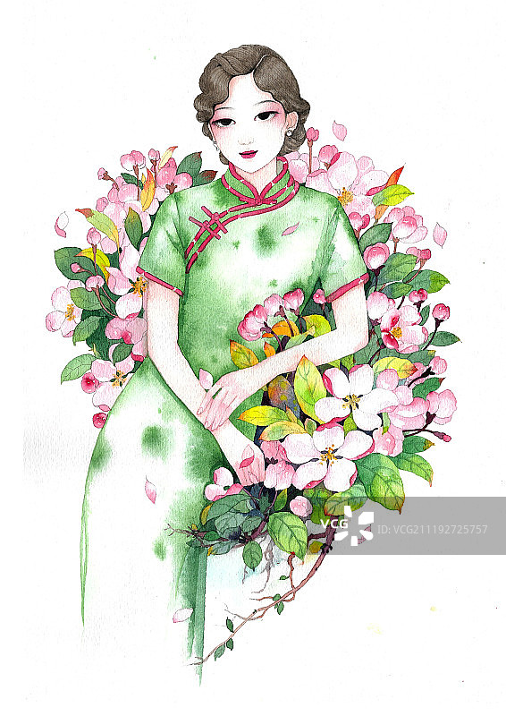 民国旗袍女人与海棠花图片素材
