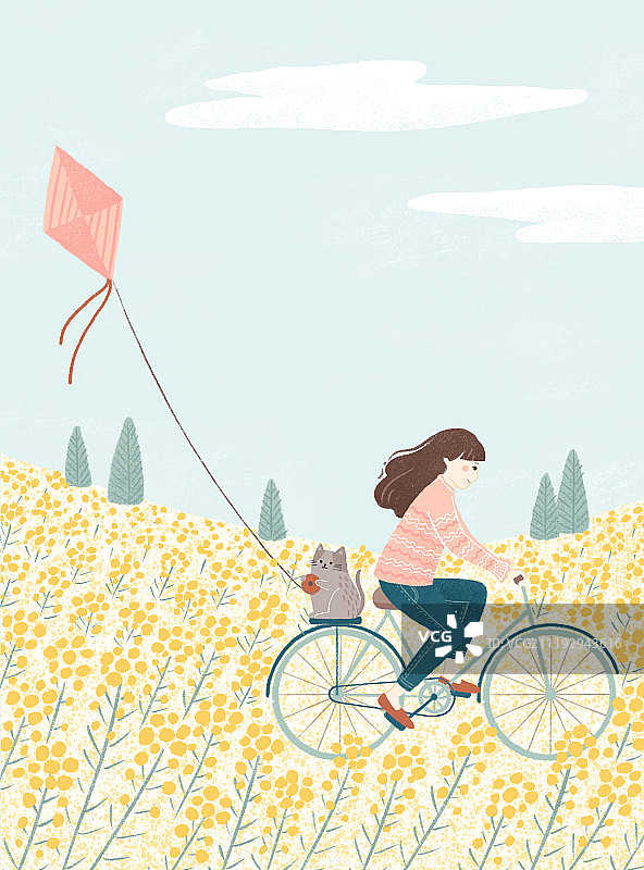 骑车放风筝女孩插画图片素材