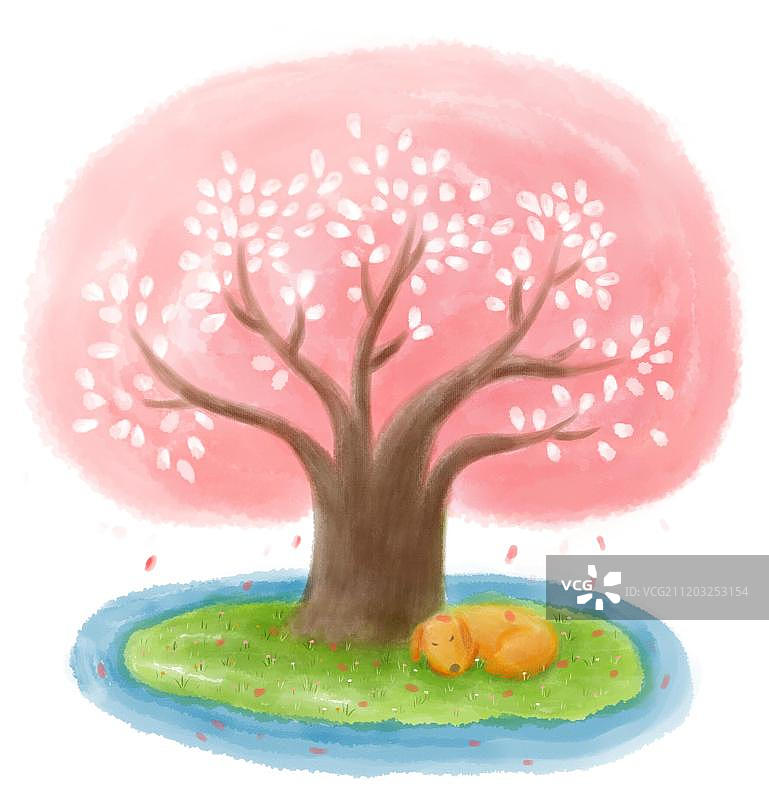 樱花树下春天睡觉水彩狗图片素材