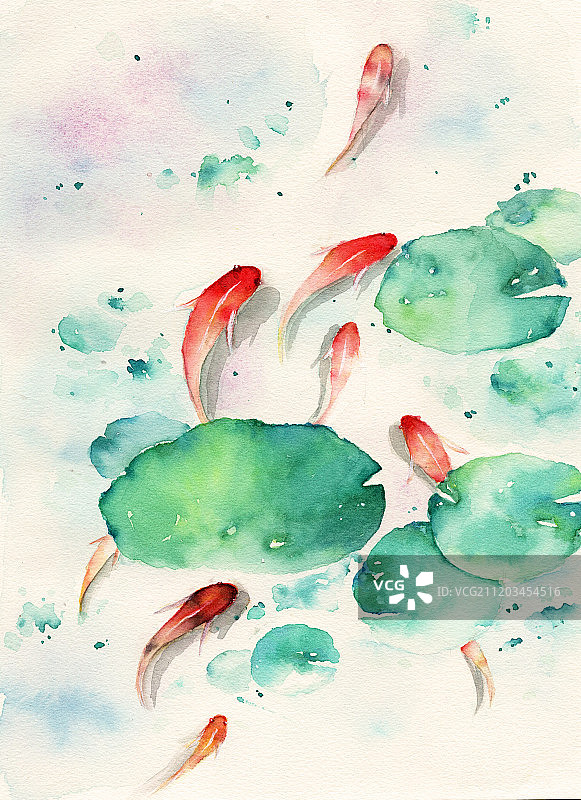 水彩手绘清新自然红锦鲤鱼群碧绿荷塘装饰系列原创唯美中国风插画图片素材