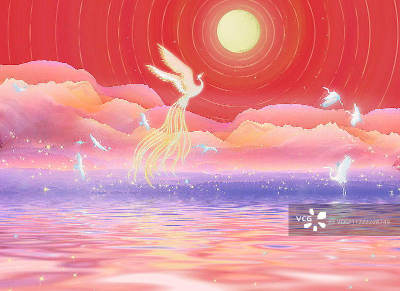 中秋节夜空下凤凰和仙鹤飞向月亮，河水发出光彩中国风插画背景图片素材