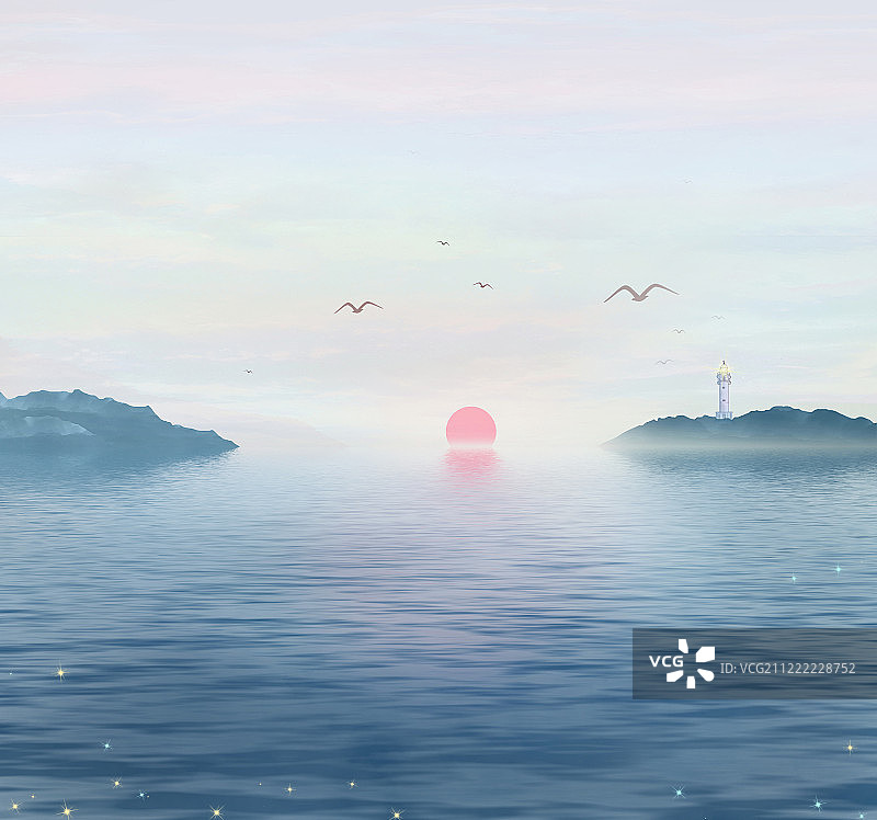 早晨太阳从天空升起照耀着整个海面，海鸥在远方飞翔插画背景海报图片素材