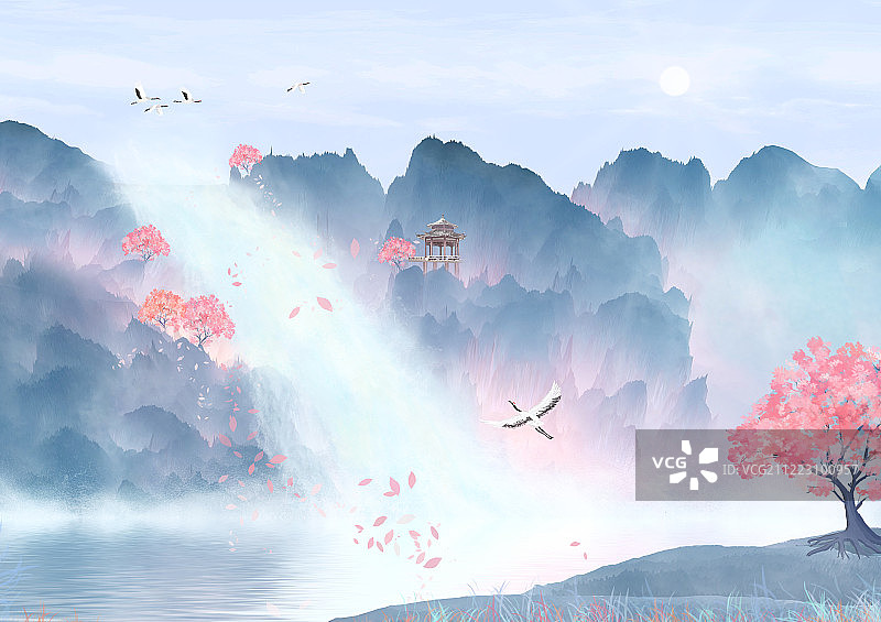森林的早晨花瓣飞舞，瀑布从山峰高处流下到河流湖泊里中国风插画图片素材