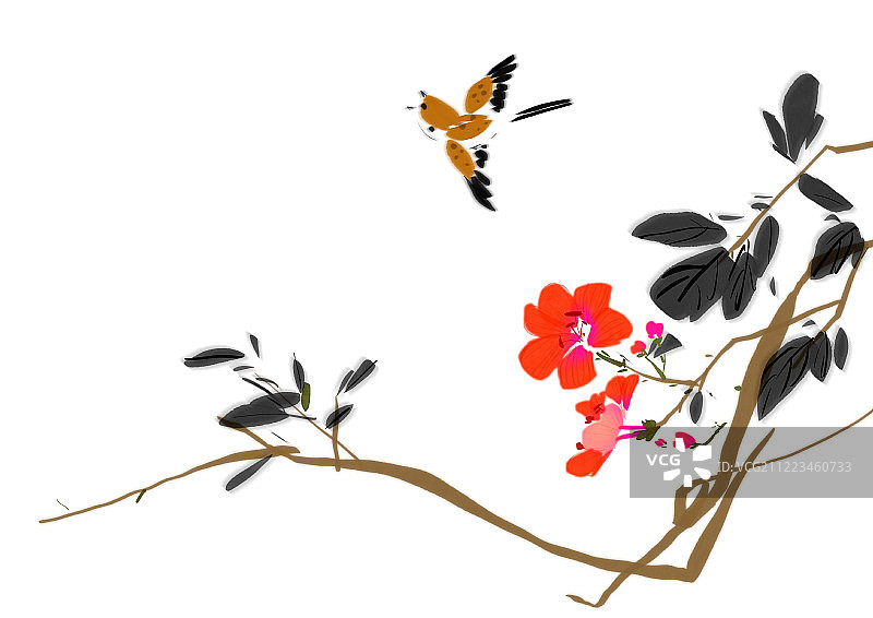中国传统水墨花卉插画花卉麻雀图片素材