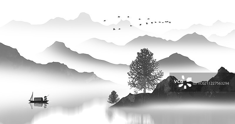 手绘中国风意境水墨山水风景画图片素材