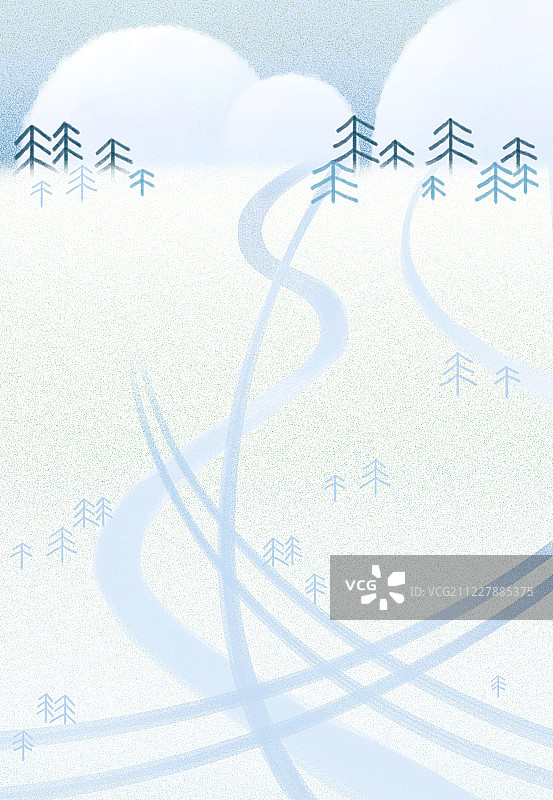 浅蓝色冬天雪地轨迹松树插画风景背景图片素材