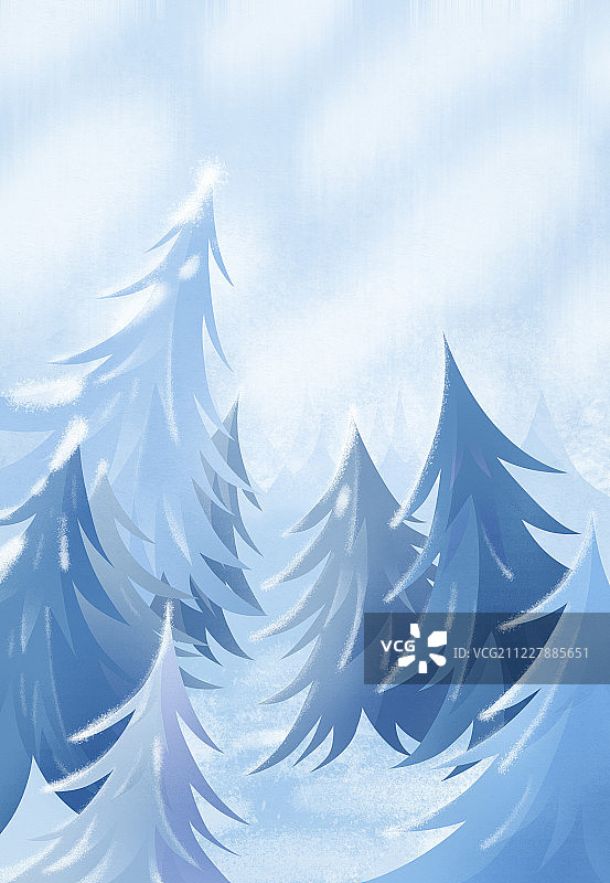 蓝色下雪天松树积雪画面插画背景素材图片素材