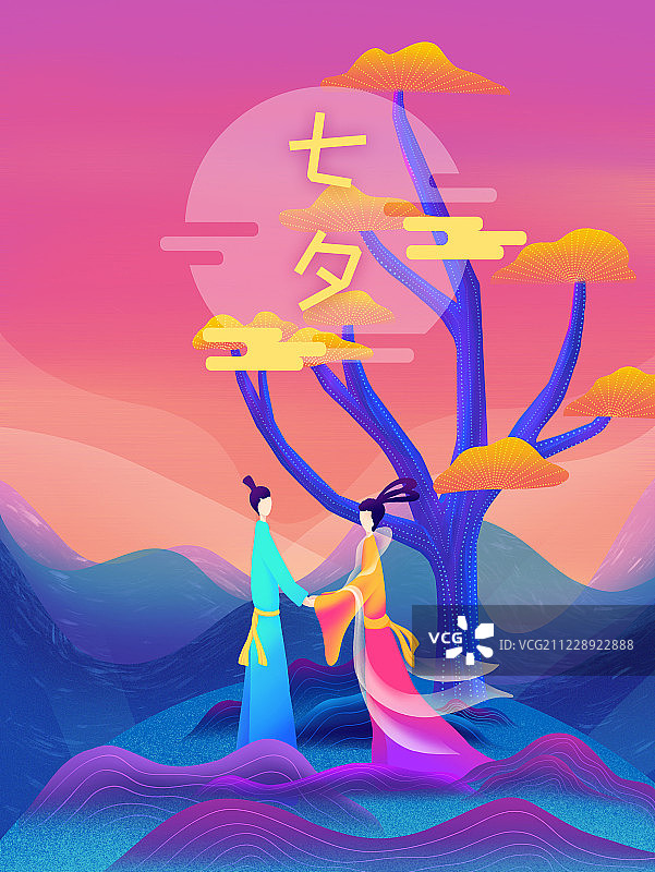 中国风场景 七夕节在桂树下仙山上牵手的古装情侣海报背景图片素材
