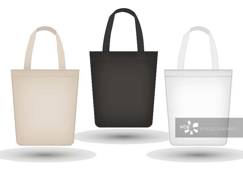 现实的手提袋设置。3d面料，帆布，购物袋集合黑色，米色。孤立在白色背景上。moskup为你的产品设计。矢量插图。图片素材