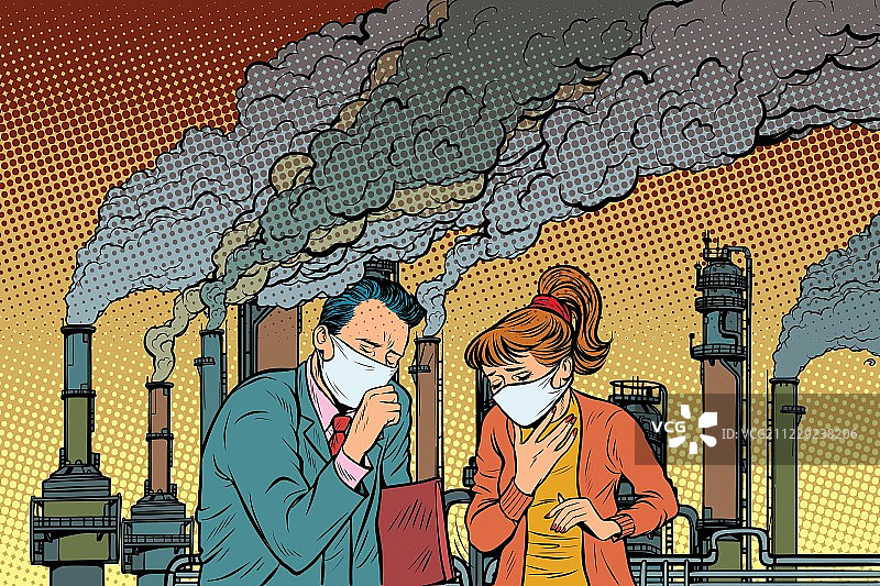 一男一女戴着医用口罩被工业烟雾窒息图片素材
