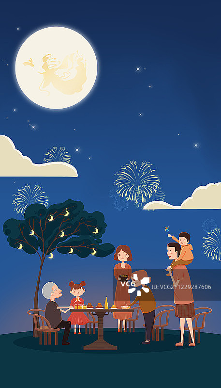 节日的夜晚一家人团圆赏月吃月饼插画图片素材