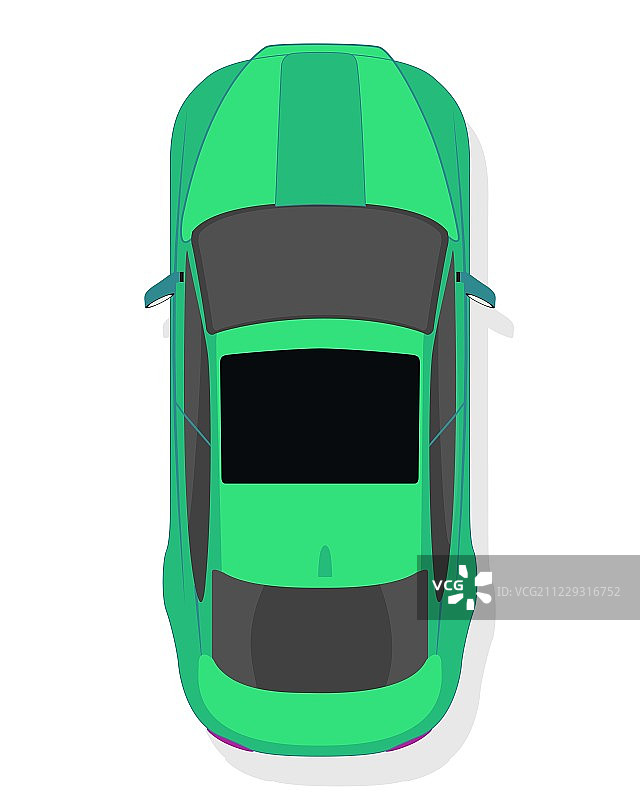 绿色跑车，顶视图在平坦的风格孤立在一个白色的背景图片素材