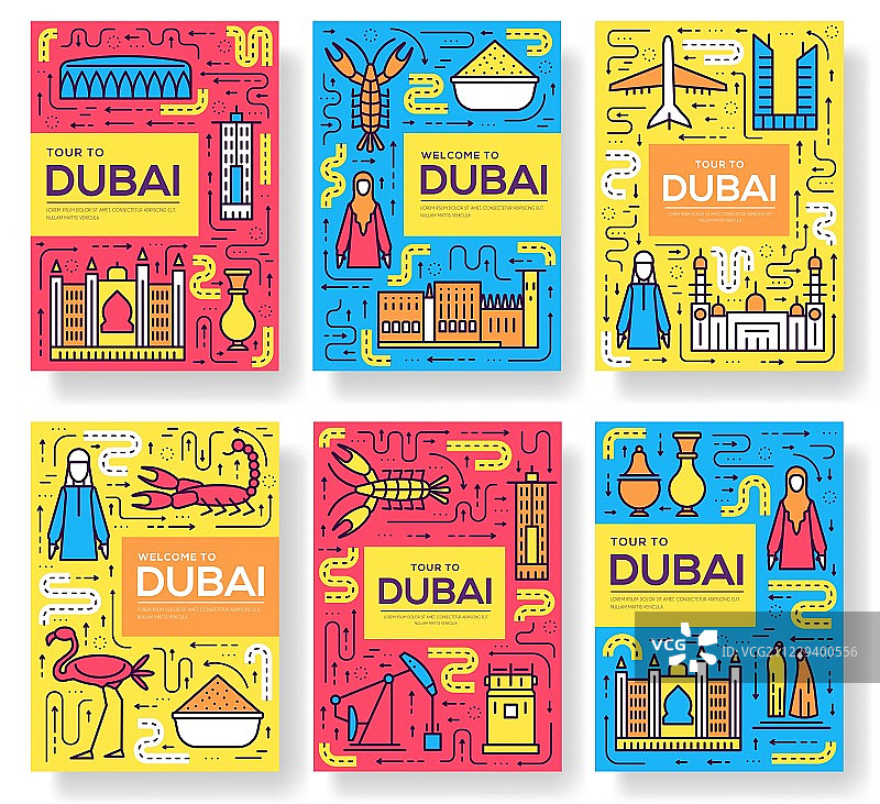 迪拜矢量宣传册卡细线套。国家旅游模板飞年，杂志，海报，书籍封面，横幅。布局文化纪念碑轮廓插图现代页图片素材