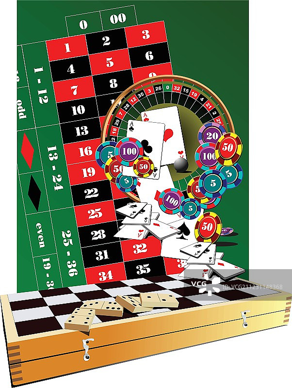 轮盘赌桌，赌场元素和象棋棋盘图片素材