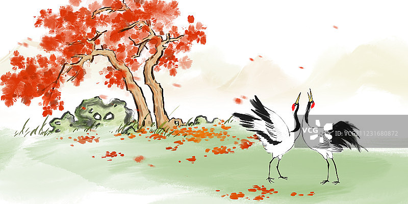 水墨意境插画秋季红叶仙鹤美景图片素材