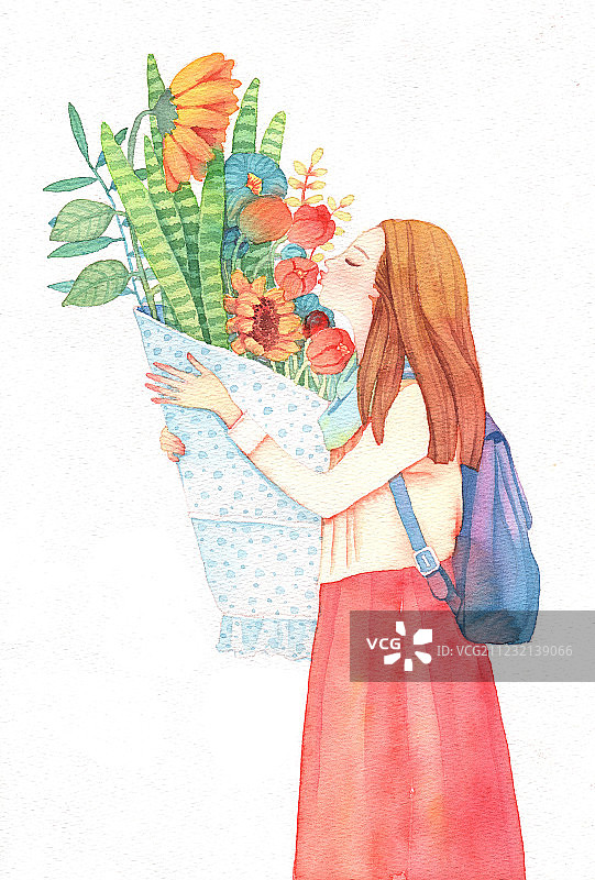 纸本水彩画-抱着花闻花的水彩女孩图片素材