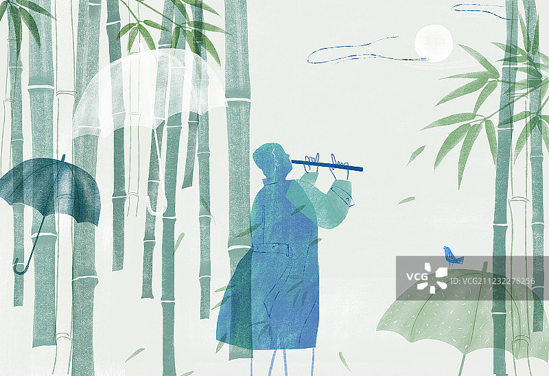 竹林风中演奏的男子插画图片素材