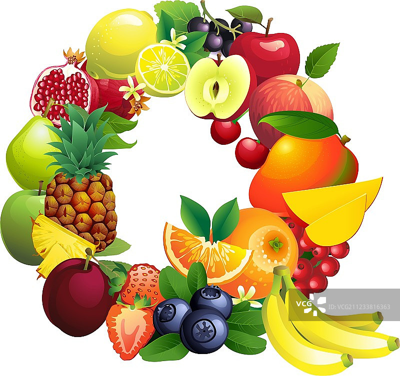 字母Q由带有叶子的不同水果组成图片素材