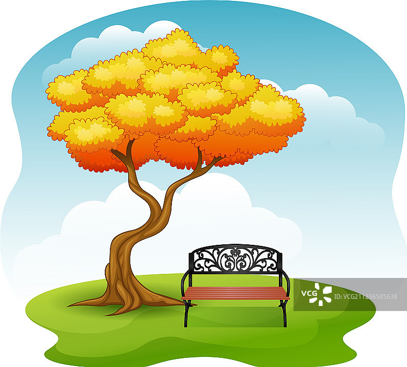 绿色的公园与长椅下的秋天树图片素材
