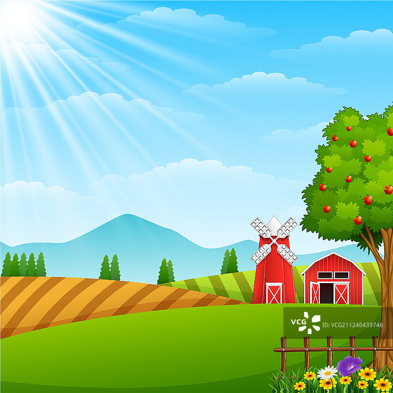 农场景观与棚和风车图片素材