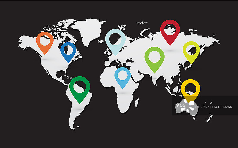 一套彩色地图指针与世界地图上图片素材
