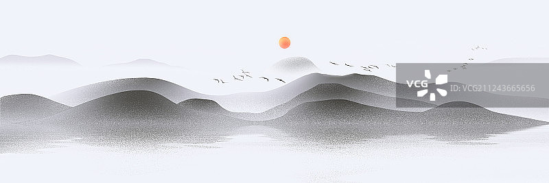 手绘简约中国风意境水墨山水画图片素材