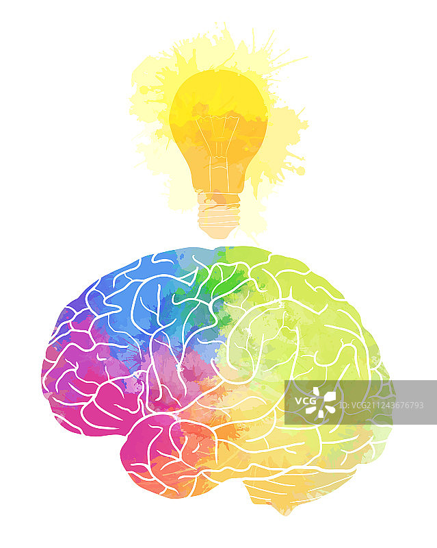 人类的大脑带有彩虹水彩的飞溅和一种图片素材