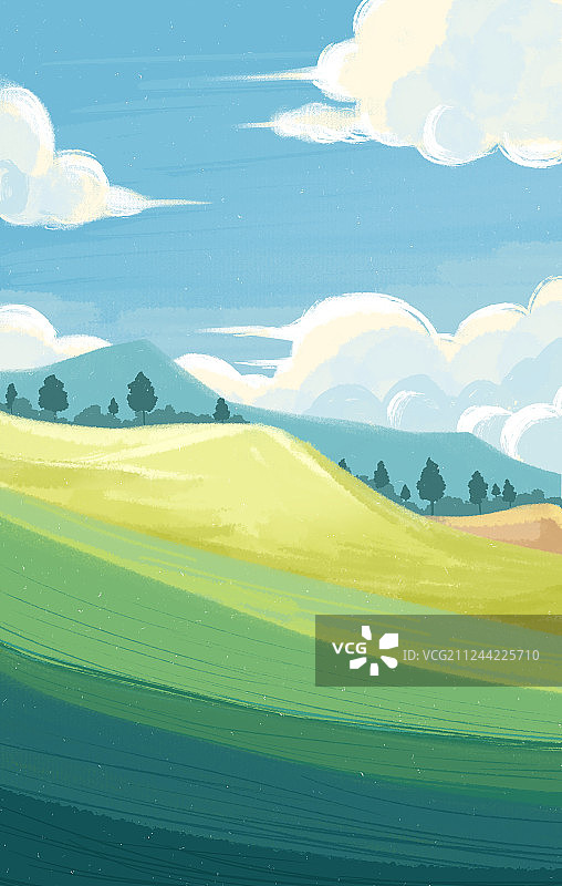 夏季的山坡上草地碧绿白云朵朵图片素材