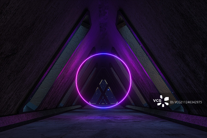 科幻三角形隧道建筑，三维渲染图片素材