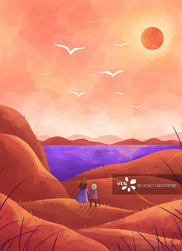 重阳节红色山坡上温馨插画竖版图片素材
